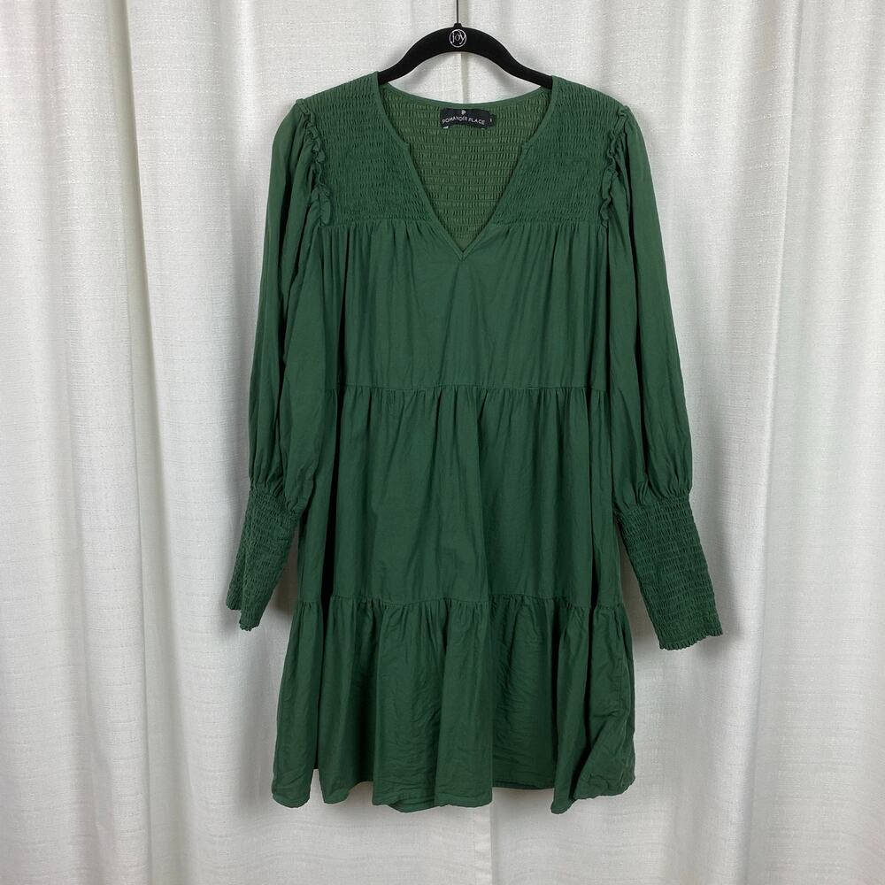 Pomander Place Tuckernuck Green Cotton Tiered Ceci Smocked Mini Dress Sz.S - Picture 5 of 15